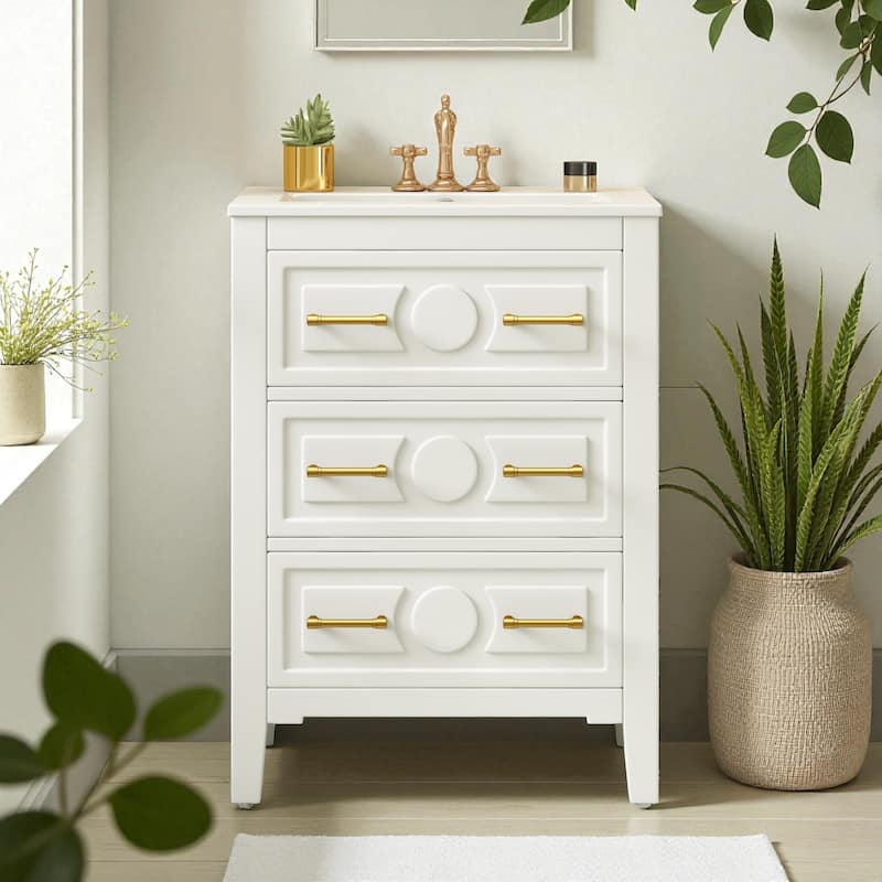 24-Inch Bathroom Vanity with Ceramic Sink, Solid Wood Frame Vanity Cabinet with 3 Drawers, Freestanding Storage - White