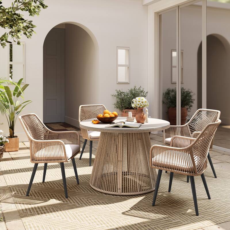 5 Pieces Outdoor PE Rattan Patio Dining Set with Round Tempered Glass Table