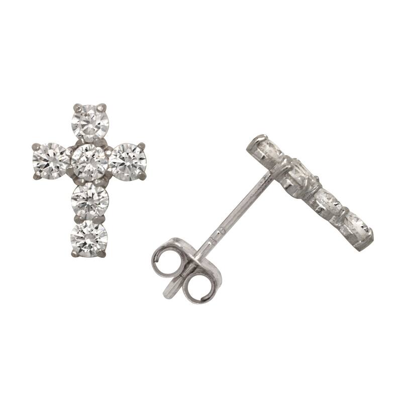 Curata 14k Gold Small Round Cubic Zirconia Cross Post Stud Earrings - White - White
