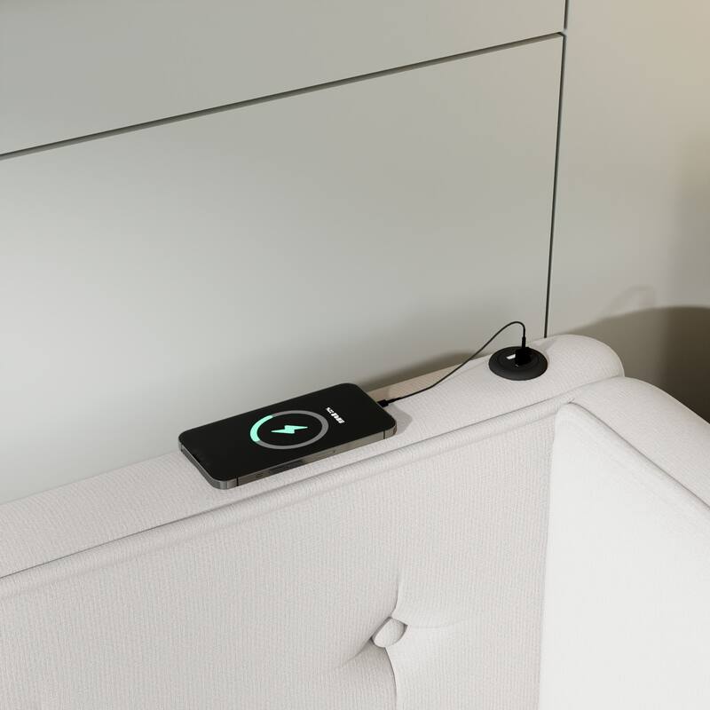 Upholstered Daybed Low Profile Bed Frame with USB Charging Station, Tufting L-shaped Backrest and Wood Slat Support Linen Fabric