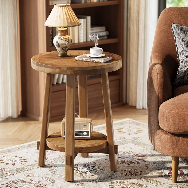 Solid Wood Side Table, Round End Tables with 2-tier Storage - 19.69" D x 19.69" W x 25.98" H