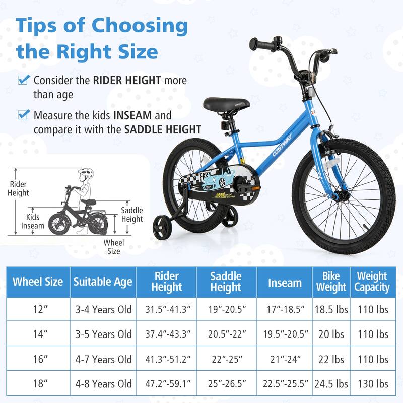 Costway 12"/14"/16"/18" Kids Training Bike with Removable Training