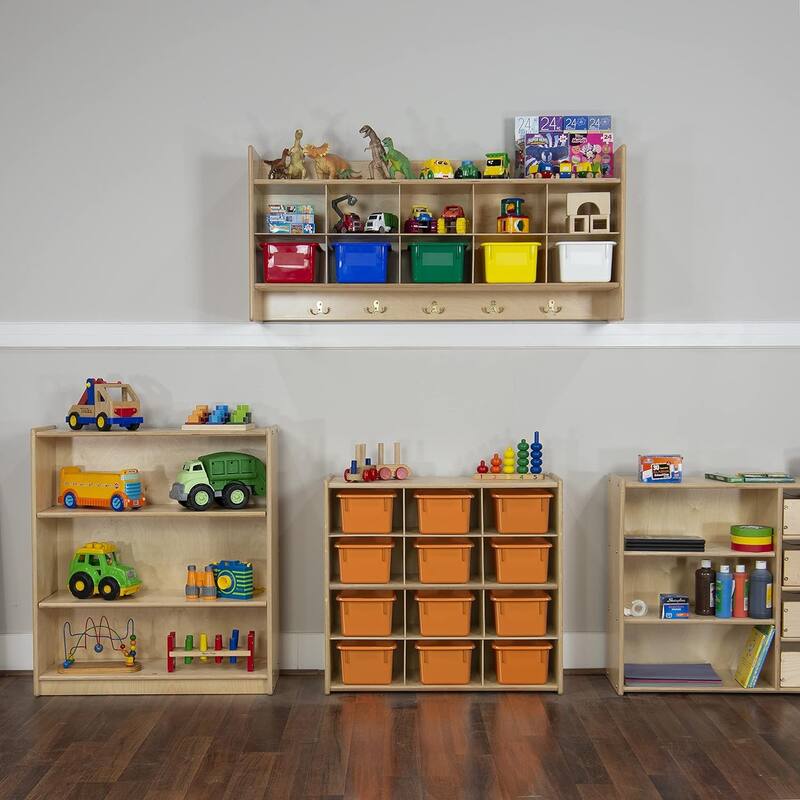 Contender 12 Compartment Kids Cube Locker Shelf with Orange Bins, Montessori Shelves Organizers Backpack Shelving Unit