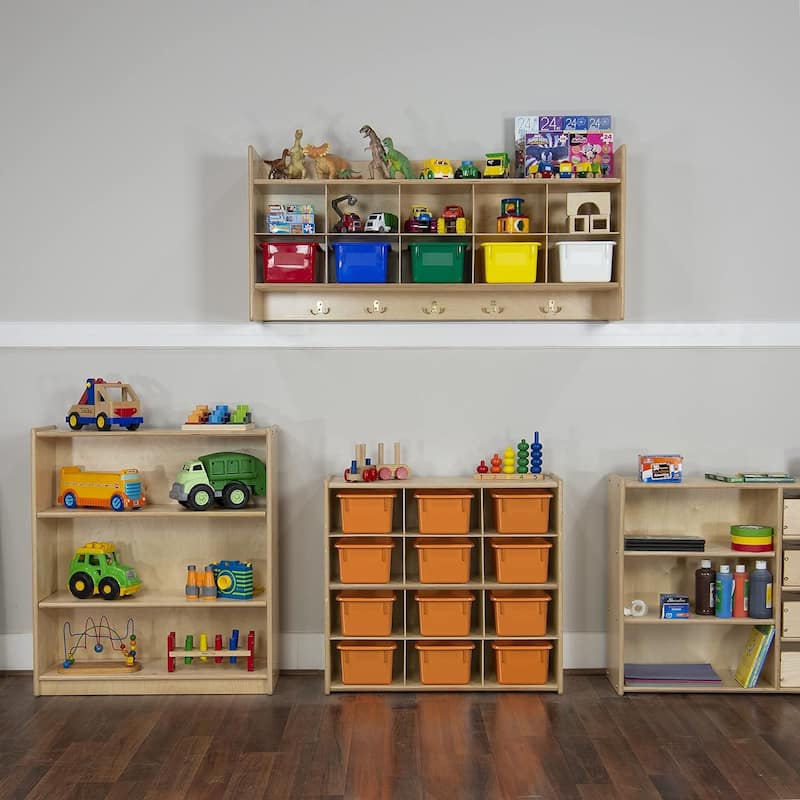 Wood Designs Birch 12 Cubby Storage Cabinet with Orange Tubs, Kids Montessori Organizers for Classroom, Kindergarten - 30"