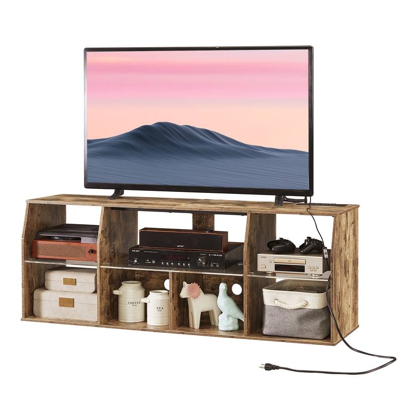 VECELO TV Stand with LED Light, Industrial Entertainment Center with 7 Open Storage