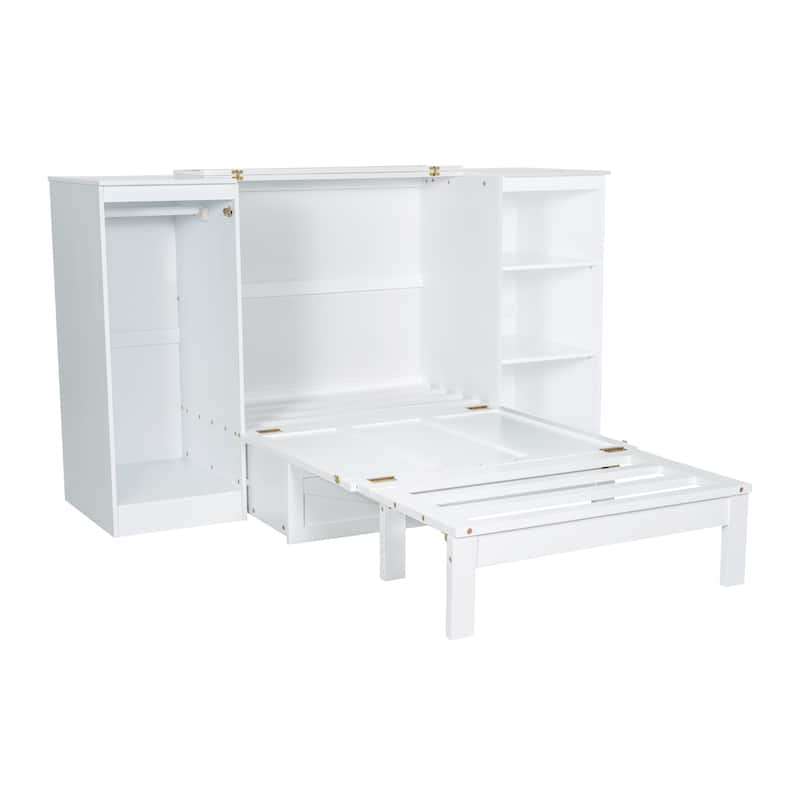 Twin Size Murphy Bed with Bedside Shelves and Wardrobe, White
