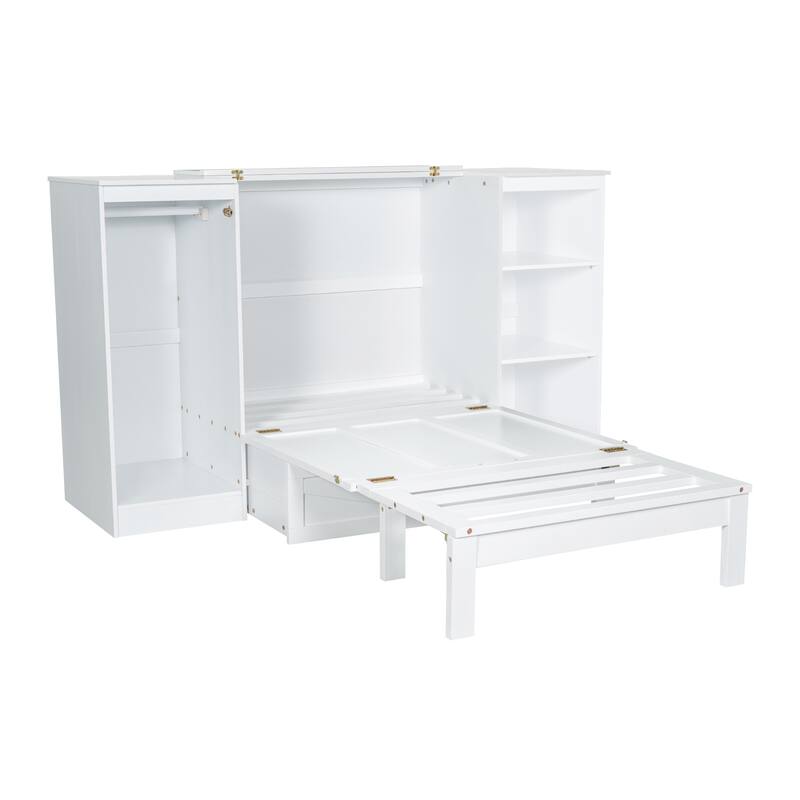 Twin Size Wood Murphy Bed with Bedside Shelves and Wardrobe, Modern Hidden Wooden Wall Bedframe No Box Spring Needed