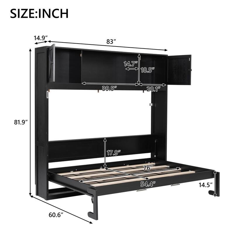 Full Size Murphy Bed with Storage Cabinets, Modern Design Folding Bookcase Bed Frame with Open Shelf