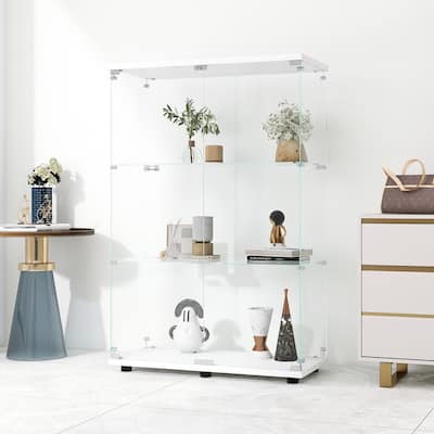 One-Door Glass Display Cabinet with 3 Shelves, Floor Standing Curio Bookshelf with Tempered Glass for Living Room Bedroom Office