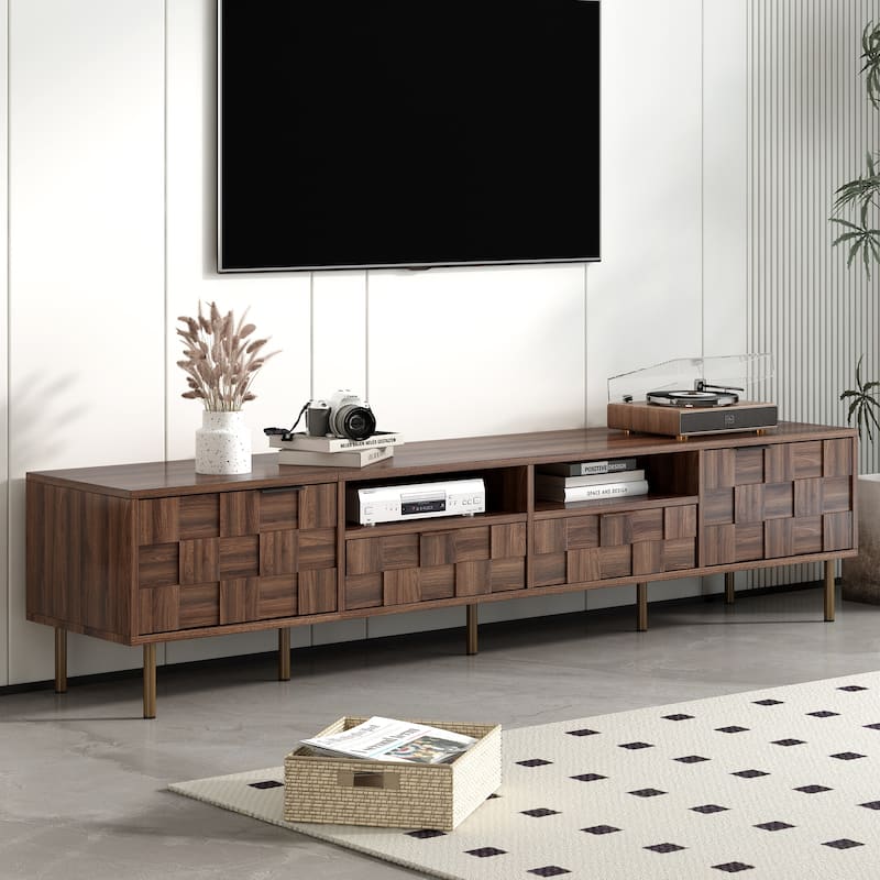 Mid-Century TV Stand with 2 Drawers, Vintage Wood Media Console for TVs up to 85'', Living Room Storage Cabinet w/ Open Shelves