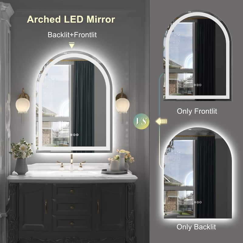 Full Size Arch Front & Back LED Lighted Anti-fog Tempered Glass Wall Bathroom Vanity Mirror, ETL Certified, 3-Year Warranty