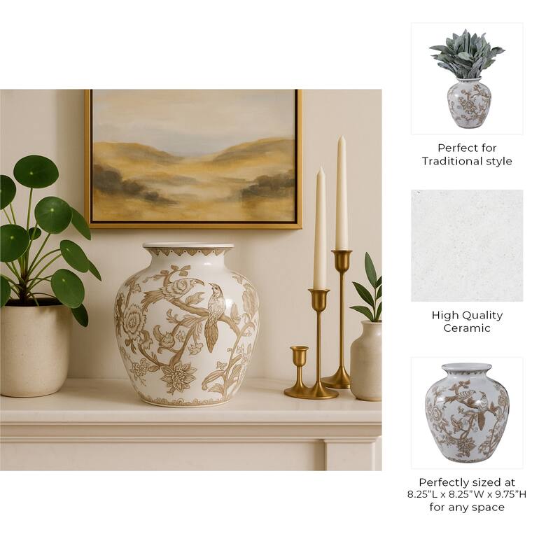 Decorative Ceramic Chinoiserie Flower Vase - White & Brown, 10"