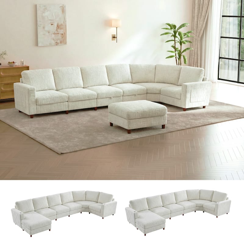 GDFStudio - Modular Chenille L-Shaped 159" 6-Seater Sectional Sofa with Storage & Cup Holders - Beige
