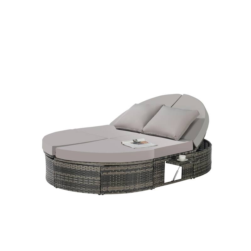 Outdoor Patio Rattan Round Daybed Sunbed with Adjustable Backrests and Foldable Cup Trays