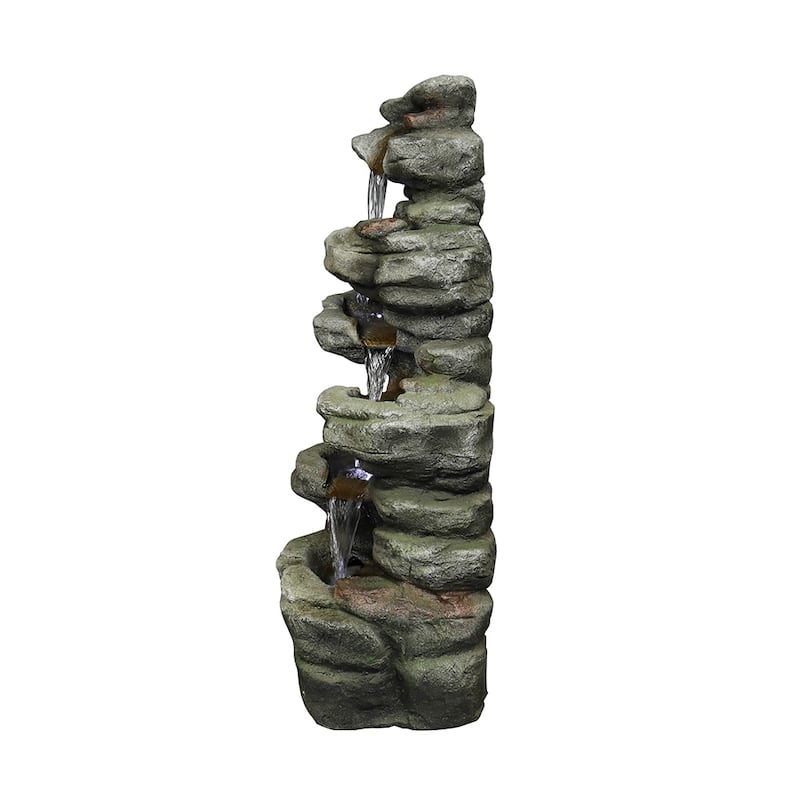 Rock Falls Outdoor Water Fountain w/LED Lights Water Feature for Patio