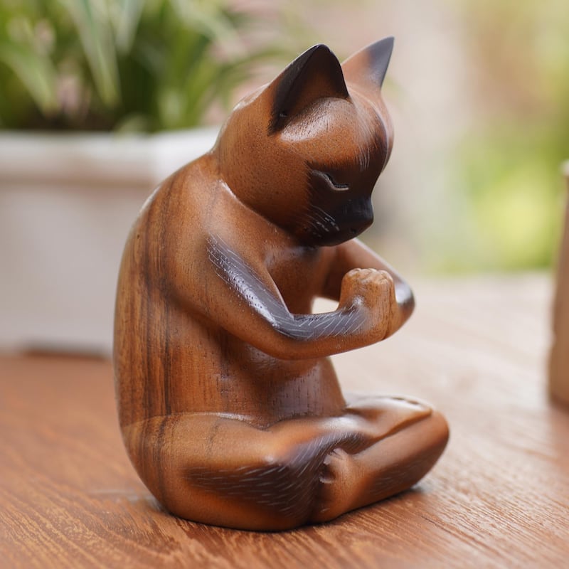 Novica Handmade Devout Feline Wood Statuette