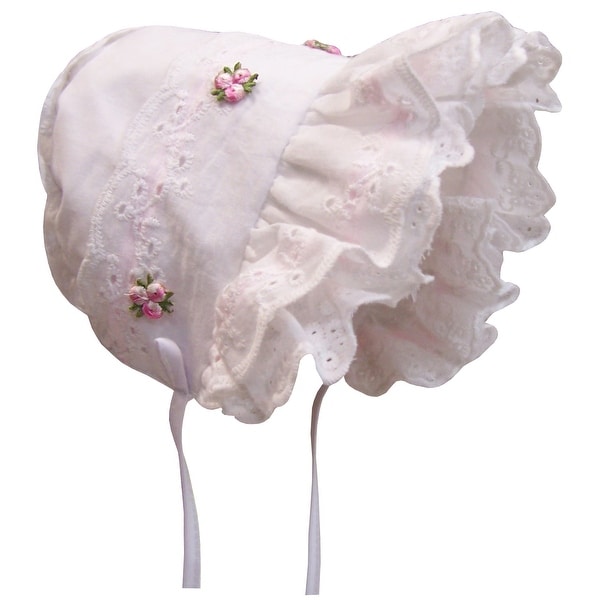 NICE CAPS Baby Girl Fancy Double Brimmed Eyelet Bonnet - White/Pink