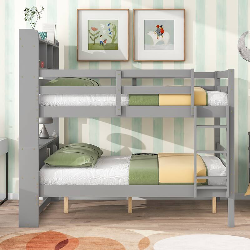 Full Over Full Bunk Beds with Bookcase Headboard Solid Wood Frame, Safety Rail, Detachable