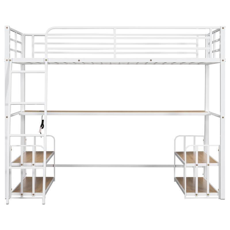Heavy Duty Metal Bed Frame, Twin Size Loft Bed with Wood Desktop Desk, Storage Shelves and Charging Station for Bedroom