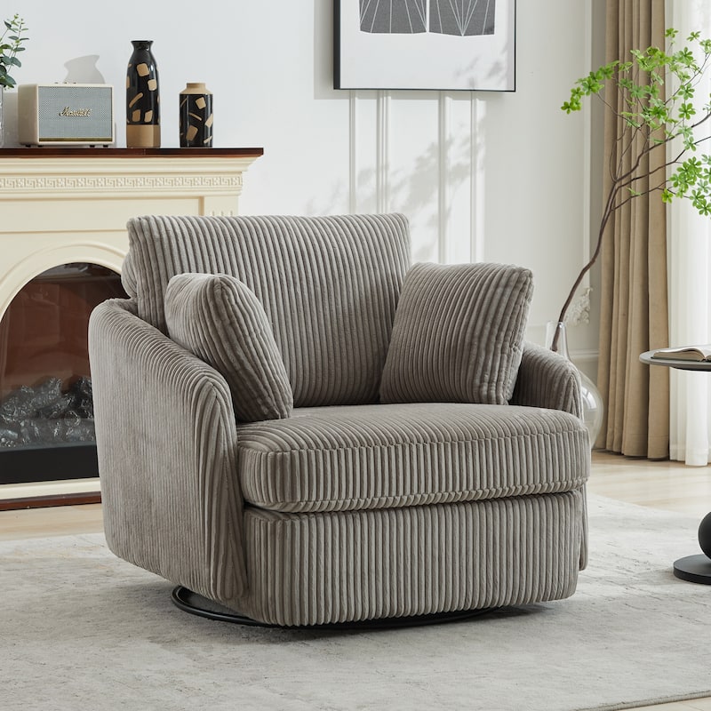 Corduroy Fabric Swivel Accent Chair, Oversized Round Armchair with 2 Thorw Pillows, Ergonomic Upholstered Lounge Sofa Chair