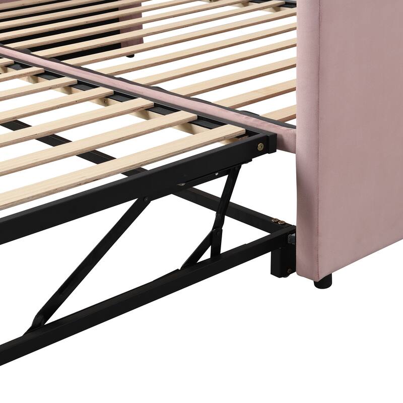 Pink Upholstered Twin Daybed with Pop-Up Trundle - No Box Spring Required
