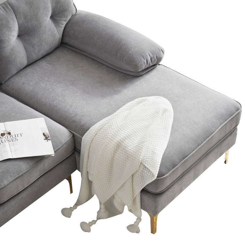 Velvet Sectional Sofas Couches with Pillow Top Arms and Upholstered Backrest, Modern L-Shaped Couches with Metal Legs