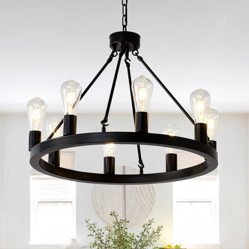 8-Light Matte Black Wagon, Wheel Chandelier Farmhouse, Modern Small Round Chandelier, for Living, Room