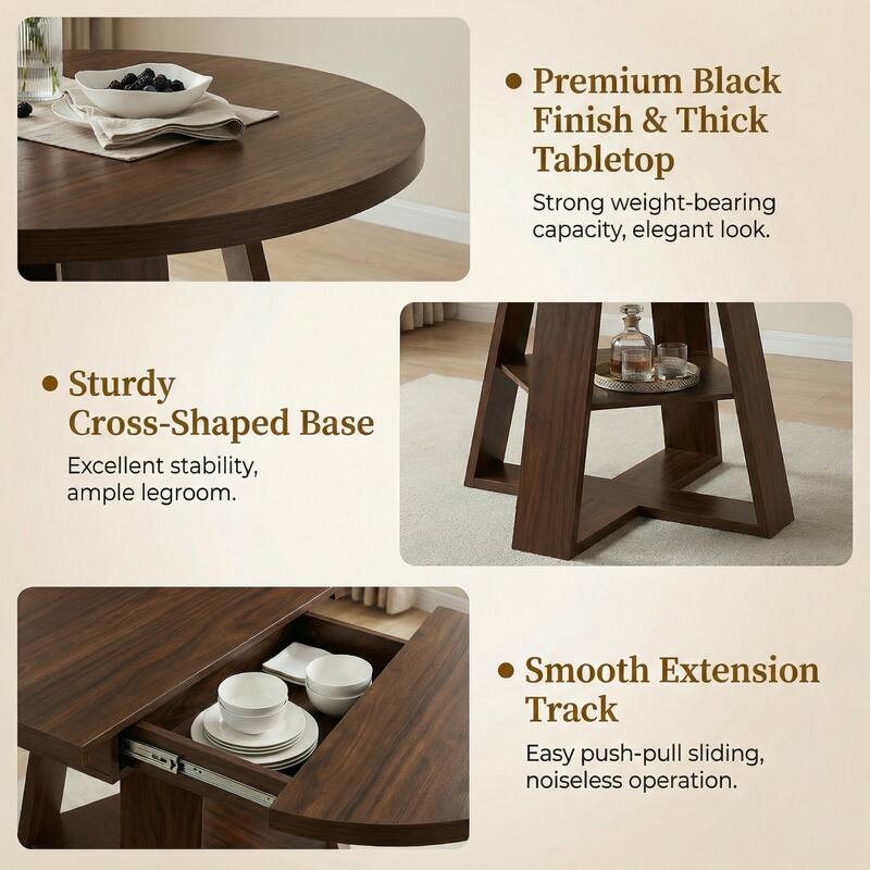 43.3in-59in Extendable Round Dining Table for 4-8, Oval Dining Table with Removable Leaves Space Saving with Storage Shelf