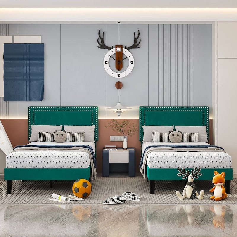 Set of 2 Twin Size Tufted Upholstered Platform Beds Dorm Style Minimalist Metal Frame with Slats No Box Spring Needed - Dark Green