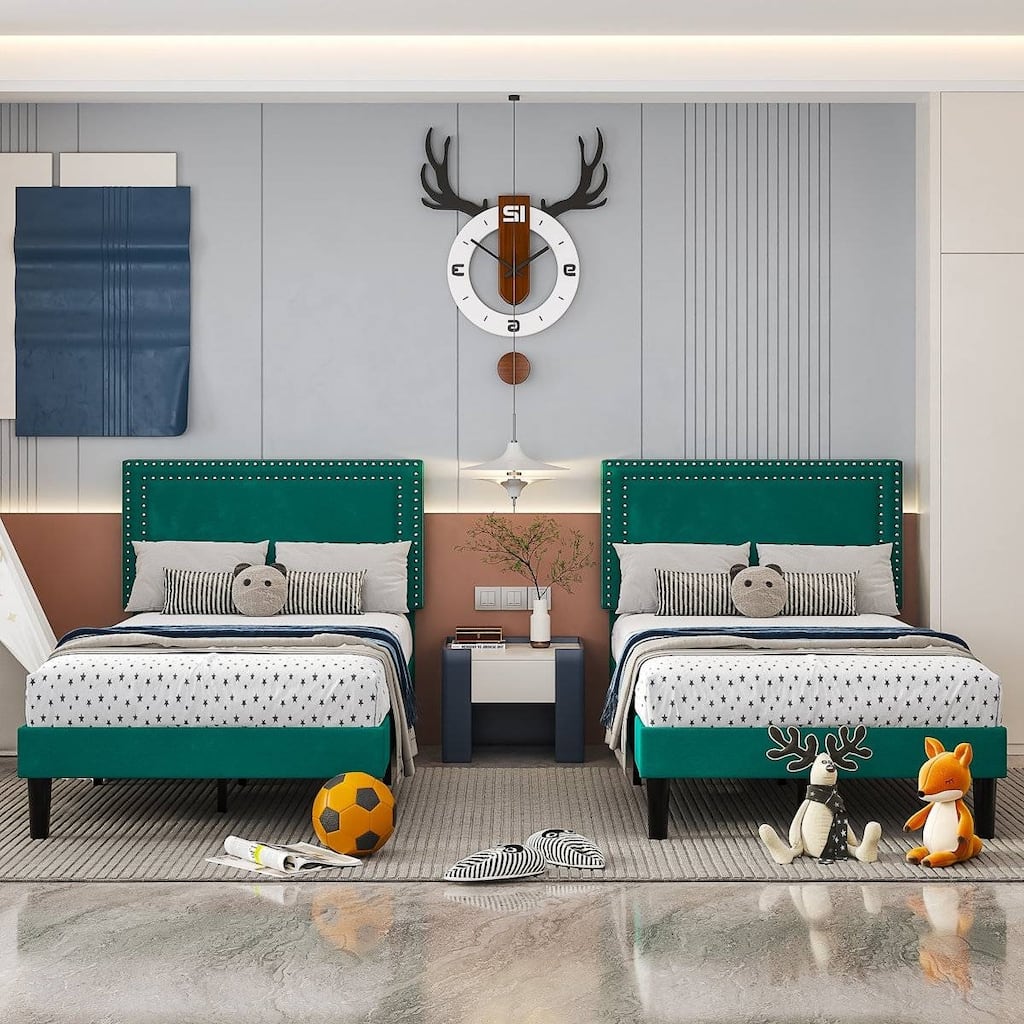 Set of 2 Twin Size Tufted Upholstered Platform Beds Dorm Style Minimalist Metal Frame with Slats No Box Spring Needed