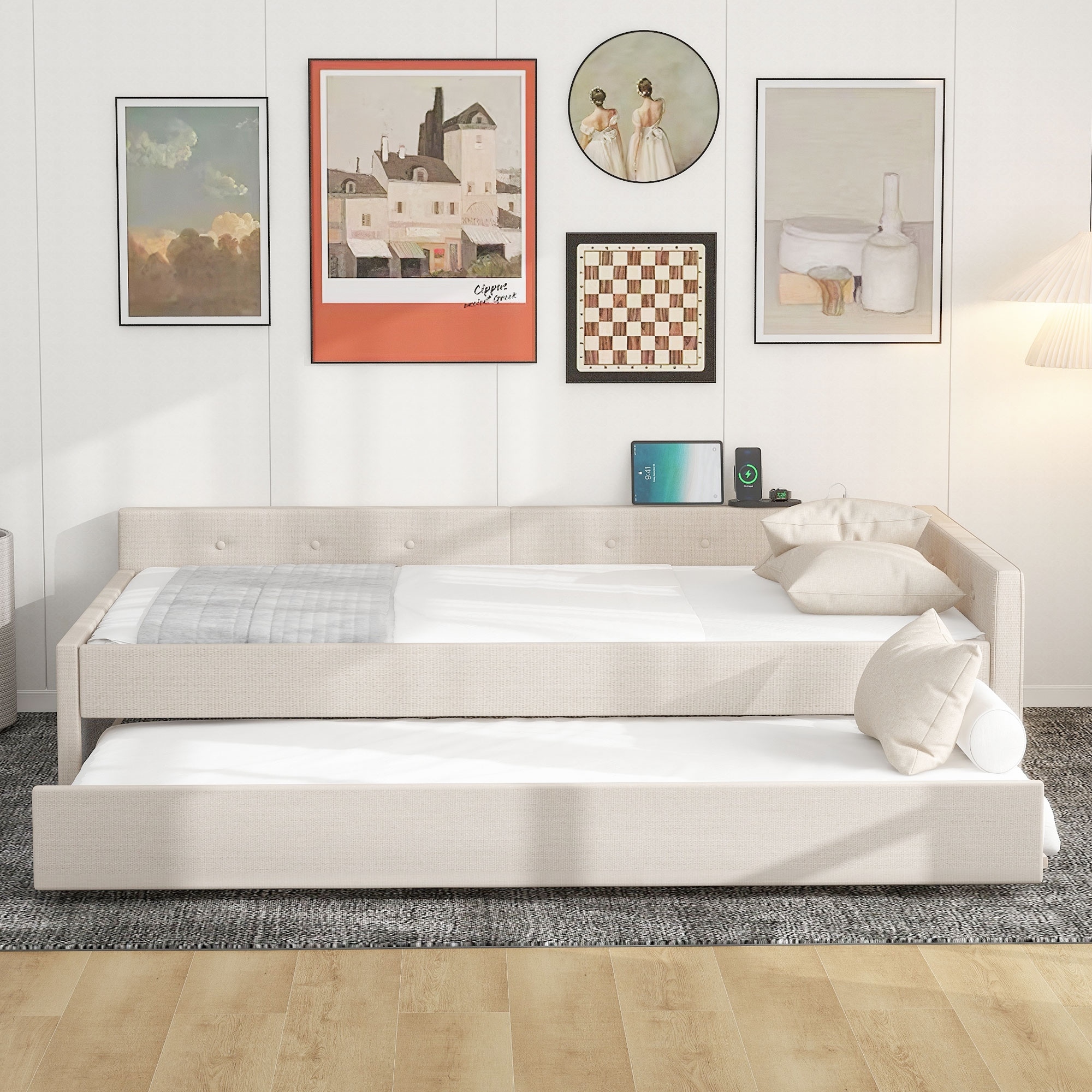 Daybed Frame with USB Charge and Extendable Trundle Bed