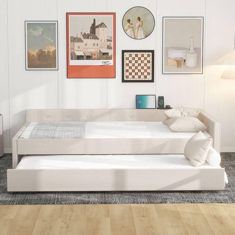 Full Daybed Frame with USB Charge and Trundle - Beige