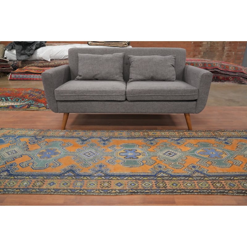 Hand Knotted Oriental 100% Wool Carpet Traditional Geometric Oranges & Rust Hamedan Runner Rug - 9' 7'' X 3' 3''