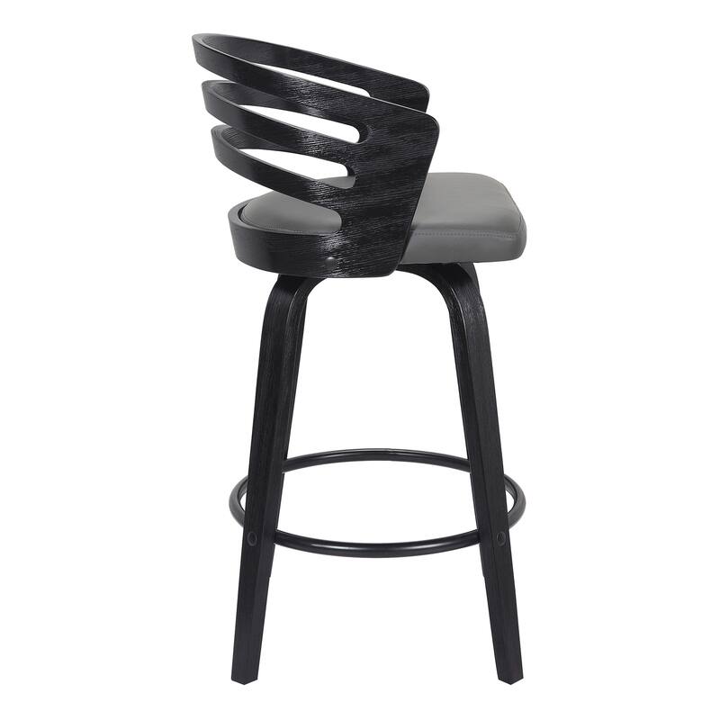 26 Inch Counter Height Swivel Bar Stool with Black Wood Frame and Grey Faux Leather Upholstered Seat