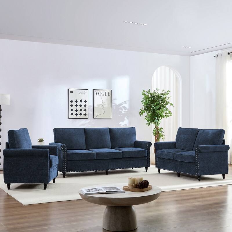 Mixoy 3Piece Chenille Living Room Sofa Set,Modern 3-Seater Sofa Couch&Loveseat Sofa&Single Sofa Armchair Set,Unique Riveted Look - Navy Blue - 3+2+1