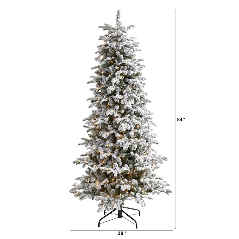 7' Flocked North Carolina Fir Artificial Christmas Tree, Clear Lights - 7 Foot