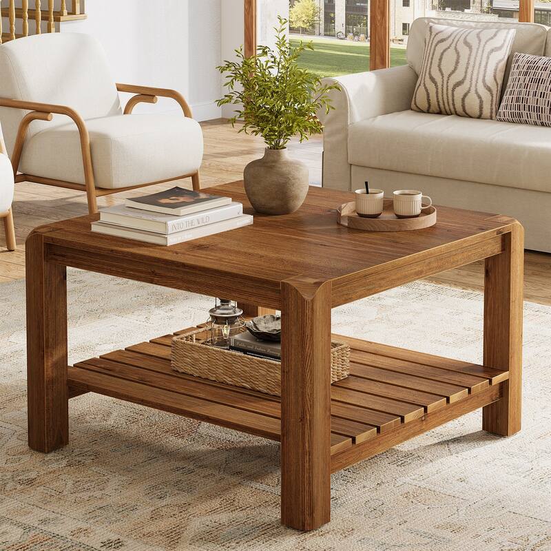 2 Tier Solid Wood Coffee Table for Living Room, Square Center Table with Storage Shelvrs - 31.50" W x 31.50" D x 20.08" H
