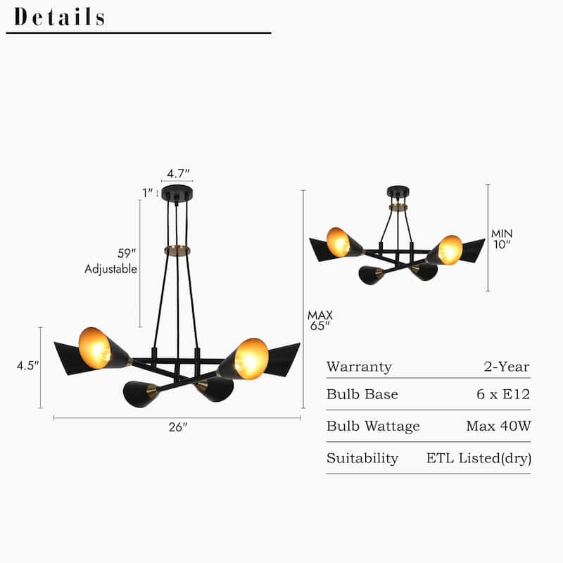 Modern 6-Light Black Gold Metal Chandelier Ceiling Lights for Dining Room - 26" D x 4.5" H