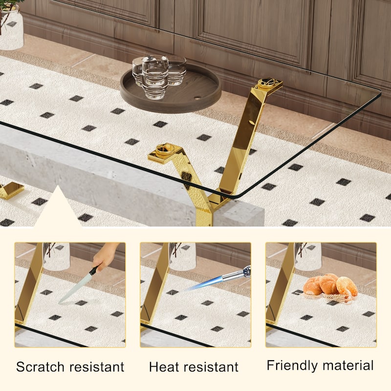 9-Piece Glass Dining Table Set for 8, 71" Rectangular Table with Gold Metal Base, 8 PU Dining Chairs for Kitchen, Dining Room