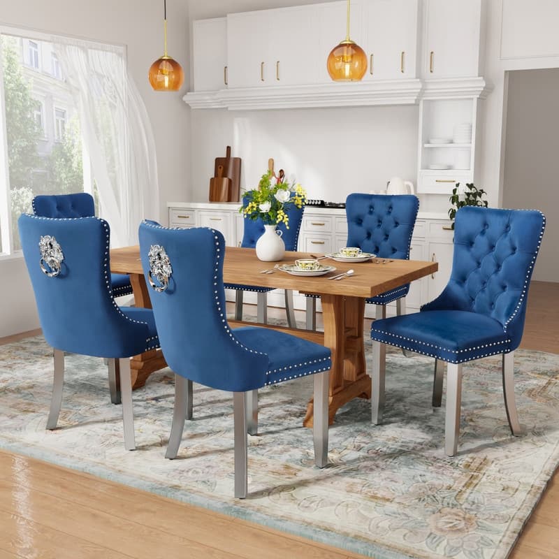Contemporary Velvet Upholstered Dining Chair Set of 6 - Blue Silver
