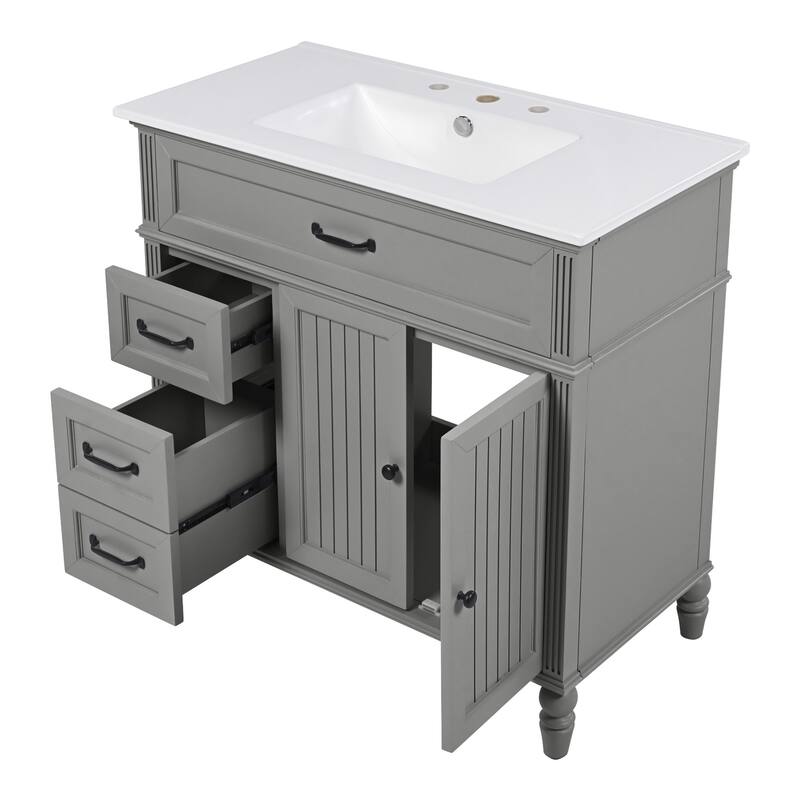 Roomfitters 36" Bathroom Vanity with Integrated Ceramic Sink, Solid Wood Frame and Soft-Close Storage