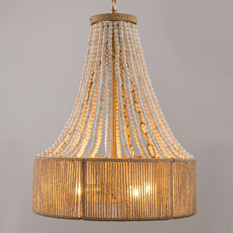 4-Light Golden Farmhouse Wood Bead Chandelier