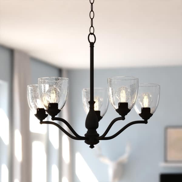 slide 2 of 12, Bellwood 5-Light Traditional Chandelier, Glass Shade, Pendant Fixture for Dining Table Kitchen Entryway Bedroom Island Matte Black - 24.5-in W x 19.25-in H x 24.5-in D