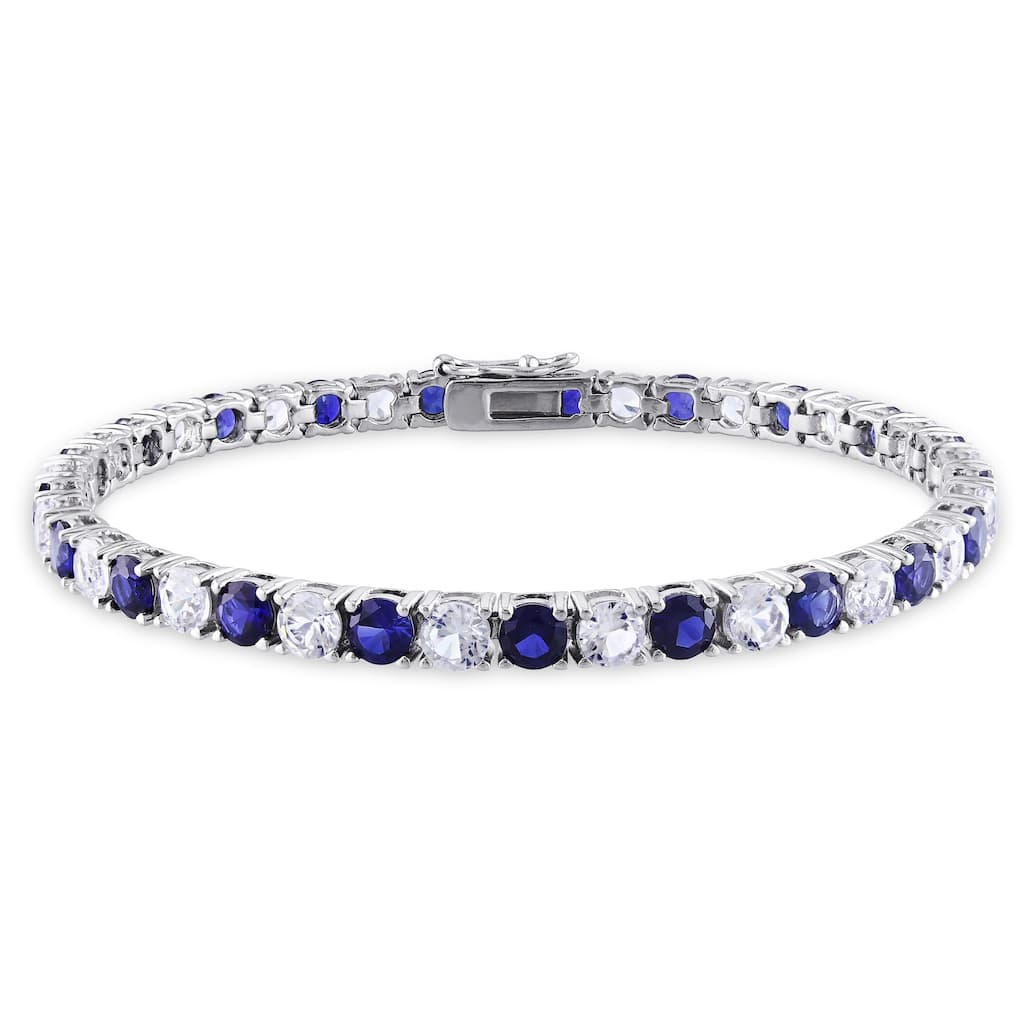 Miadora Sterling Silver Created Blue and White Sapphire Patterned Birthstone Tennis Bracelet - 7.25 in x 4.3 mm x 2.7 mm