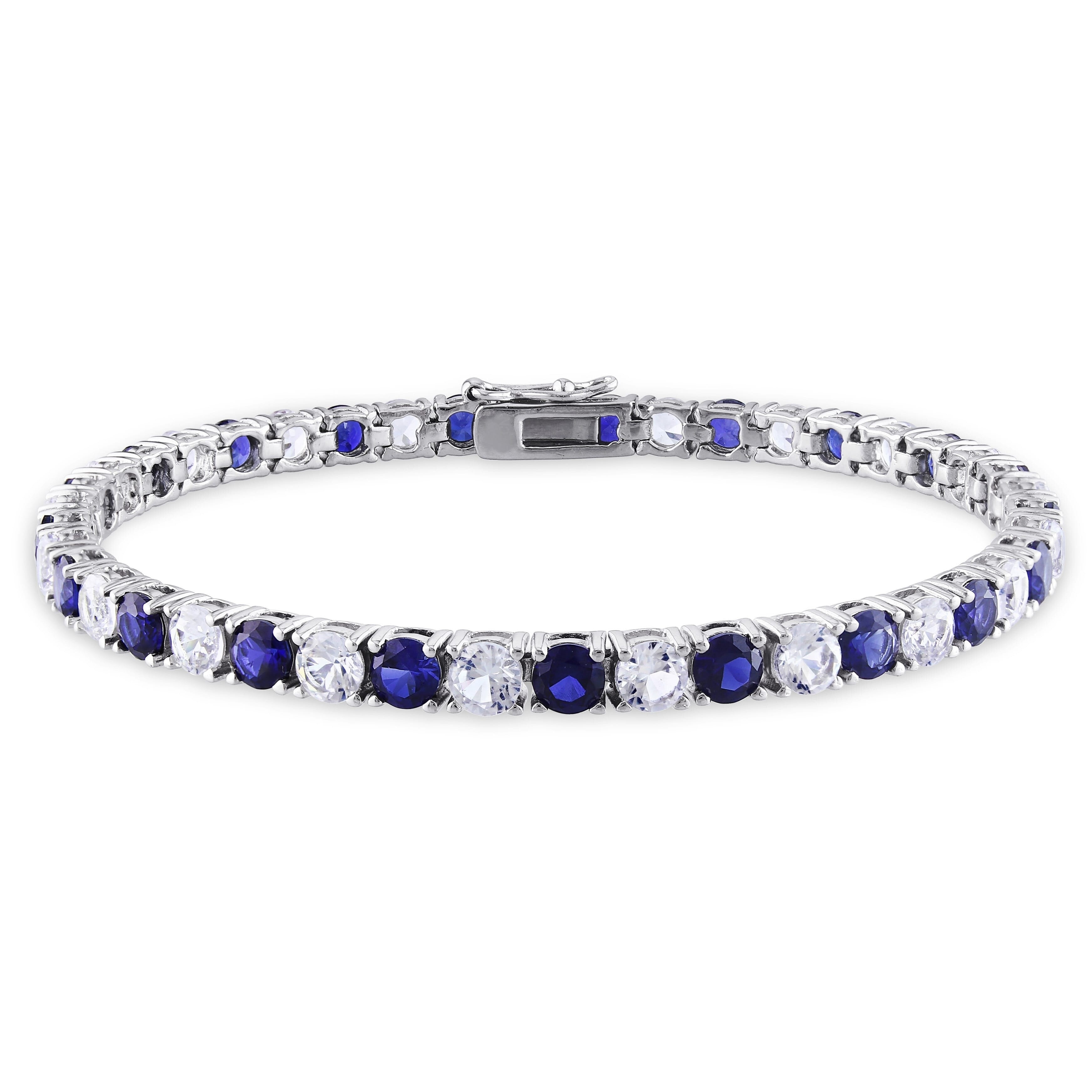 Miadora Sterling Silver Created Blue and White Sapphire Patterned Birthstone Tennis Bracelet - 7.25 in x 4.3 mm x 2.7 mm