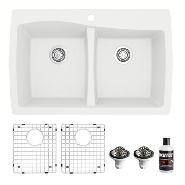 slide 47 of 62, Karran Drop-In Quartz 34 in. 1-Hole 50/50 Double Bowl Kitchen Sink Kit White