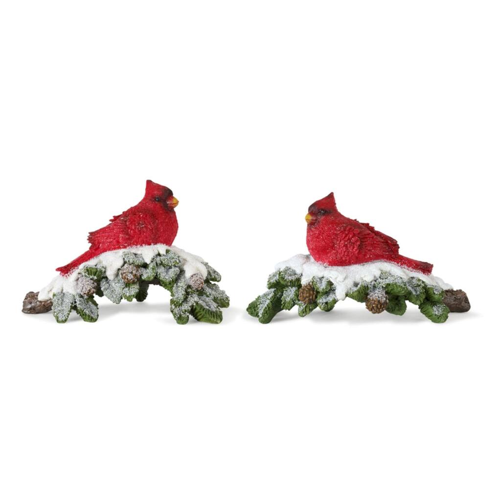 Set of 4 Red Green Cardinal on Branch Christmas Tabletop Figurines, 6"