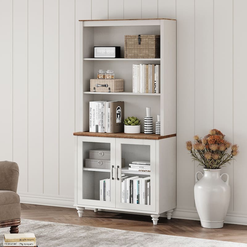 White Bookcase with Doors, Large Wood Farmhouse Book Case Shelf