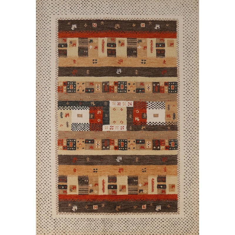 Geometric Gabbeh Indian Area Rug Brown Hand-Tufted Wool Carpet - 5'3" x 7'7"