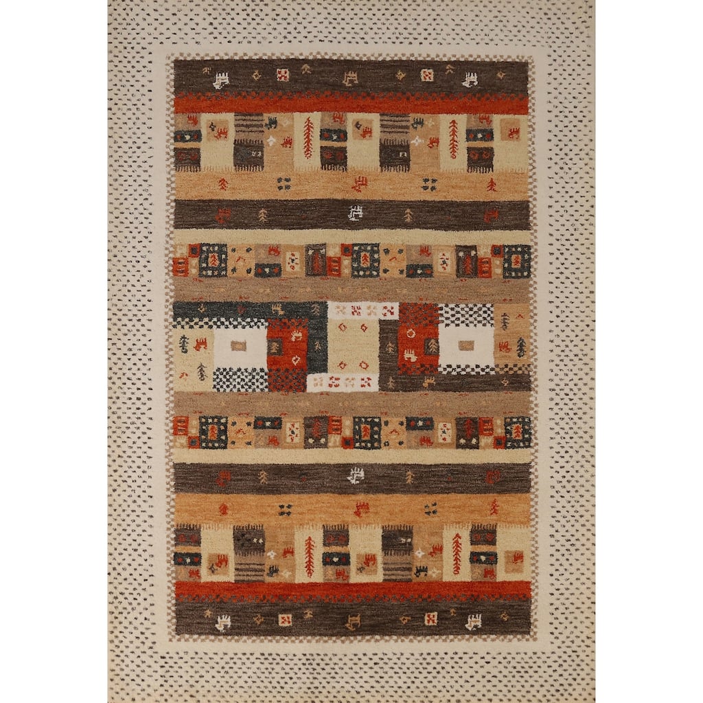 Geometric Gabbeh Indian Area Rug Brown Hand-Tufted Wool Carpet - 5'3" x 7'7"